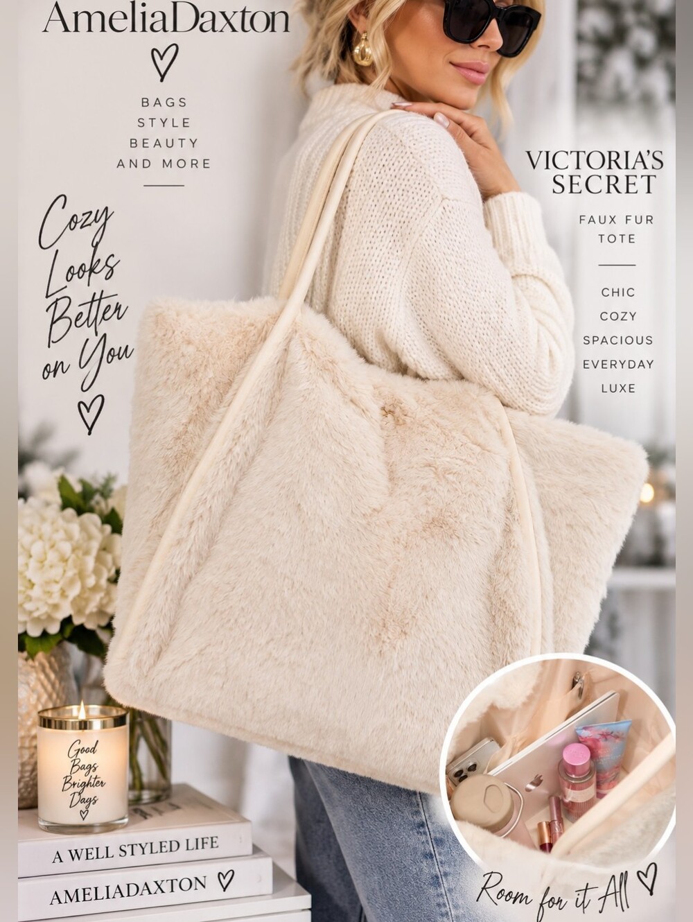 Victoria’s Secret Faux Fur Fuzzy Oversized Tote Bag Ivory Cream NWT